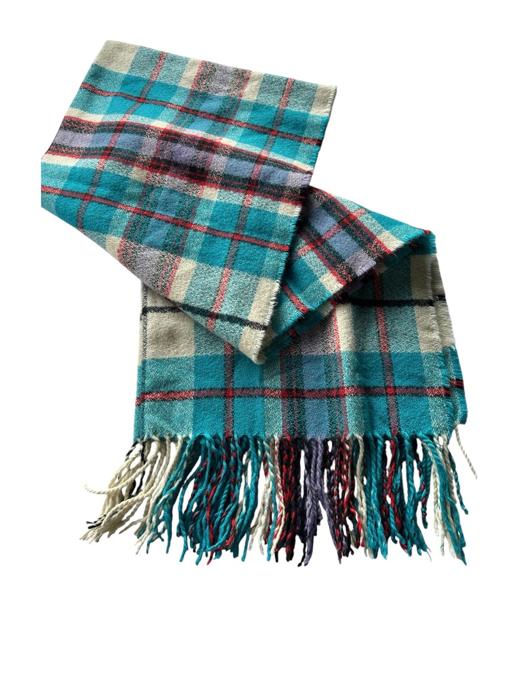 Indigo Turquoise Plaid Scarf with Red, Black and Lavender Accents